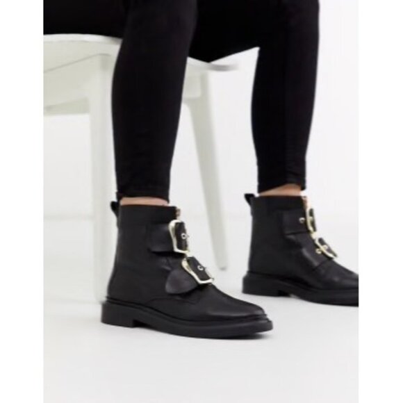 ASOS Black Leather Gold Metal Double Buckle Ankle Biker Boot US Size 6 UK Size 4 - Picture 2 of 14